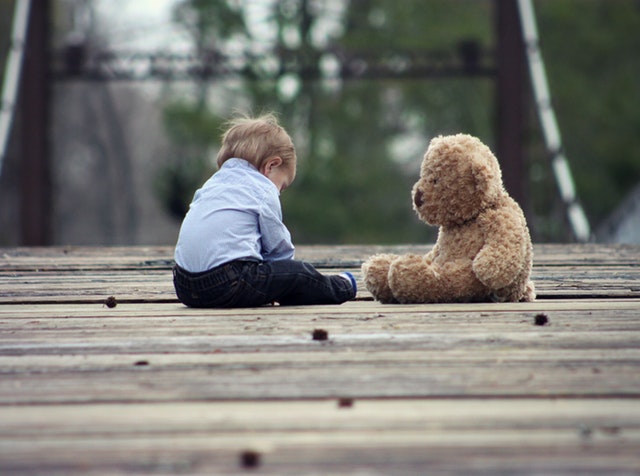 chlapec s plyšovým medvědem na dřevěném mostku